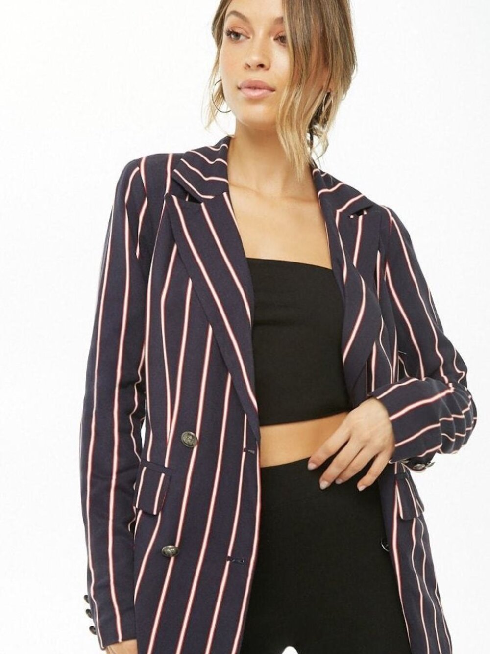 Forever 21 Navy Red Stripe Double-Breasted Blazer S/M